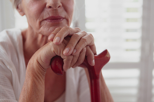 Mid section of active senior Caucasian woman leaning on walking cane in a comfortable home