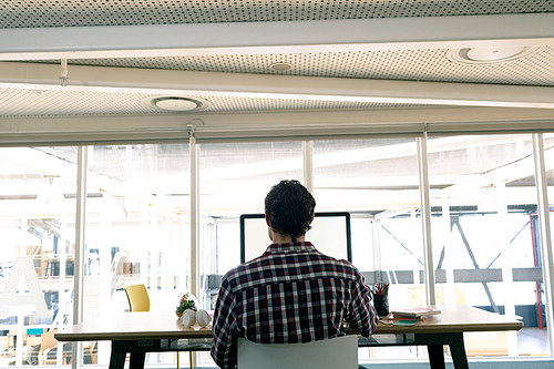 Rear view of Caucasian male graphic designer working on computer at desk in a modern office