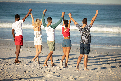 Rear view of diverse friends standing with raised hands on the beach
