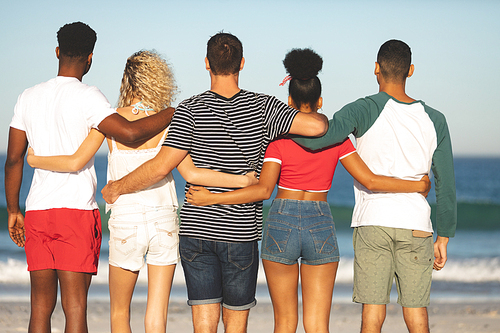 Rear view of diverse friends standing together on the beach. They are looking at the sea.