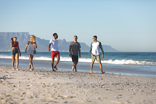 Side view of group of happy diverse friends walking together and having fun on the beach