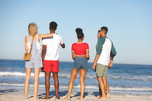 Rear view of diverse friends having fun together on the beach