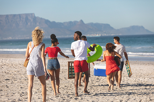 Rear view of group of happy diverse friends walking together on the beach