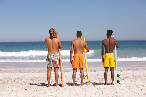 Rear view of diverse male friends standing with surfboard on the beach