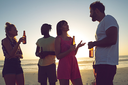 Side view of group of diverse friends having beer and interacting with each at beach during sunset