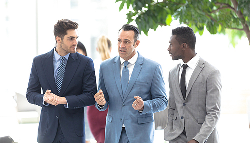 Front view diverse young male executive talking with mature male executive