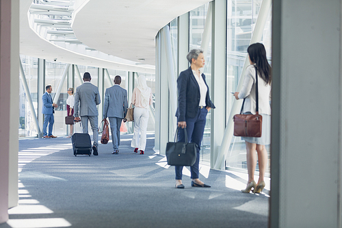 Side view of businesswomen interacting with each other in corridor in modern office