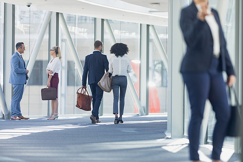 Rear view of diverse business people walking in corridor in modern office