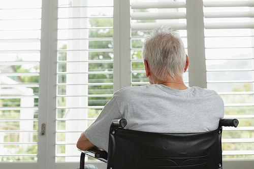 Rear view of active senior Caucasian man in wheelchair looking through window at home