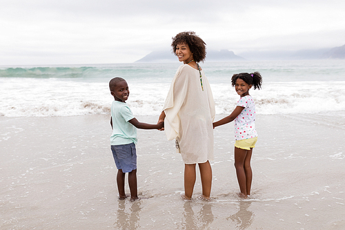 Portrait of African american mother and children standing hand in hand on the beach