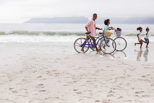 Side view of African american Family walking with bicycle on a sunny day at beach