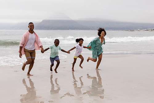 Side view of Happy African american family walking together hand in hand on the beach