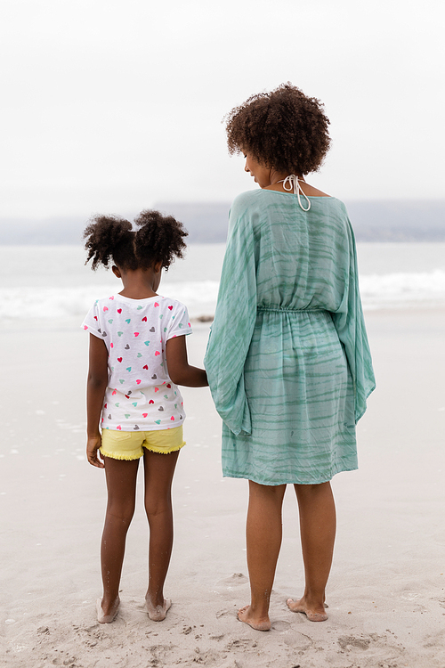 Rear view of African american mother and daughter standing together on the beach