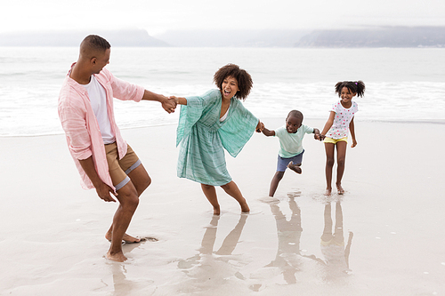 Side view of Happy African american family having fun on the beach