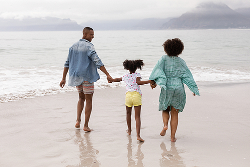 Rear view of African american family having fun together on the beach