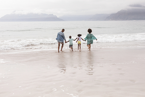 Rear view of Happy African american family having fun together on the beach