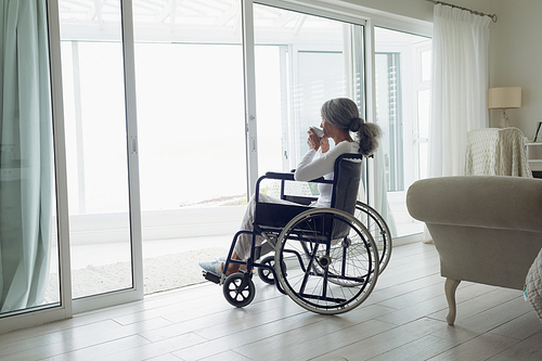 Side view of woman on wheelchair drinking coffee indoor. Authentic Senior Retired Life Concept