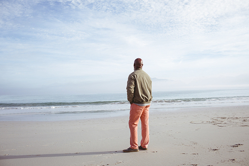 Rear view of handsome senior African-American man looking at the sea while standing on the beach on a beautiful day. Authentic Senior Retired Life Concept