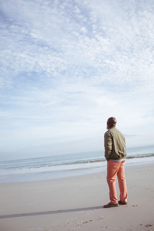 Rear view of handsome senior African-American man looking at the sea while standing on the beach on a beautiful day. Authentic Senior Retired Life Concept