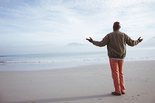 Rear view of handsome senior African-American man looking at the sea while standing with arms spread on the beach on a beautiful day. Authentic Senior Retired Life Concept