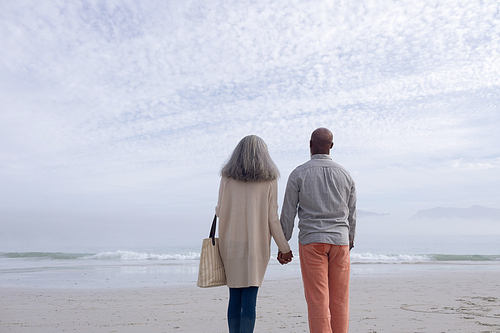 Rear view of happy senior African-American couple standing next to each other while looking at the sea and mountains on beach on beautiful cloudy day. Authentic Senior Retired Life Concept