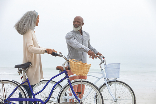 Side view of senior African-American walking with bicycle on beach on beautiful day. Authentic Senior Retired Life Concept