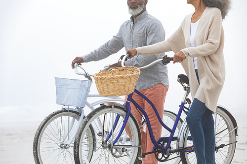Side view of senior African-American couple walking with bicycles on beach. Authentic Senior Retired Life Concept