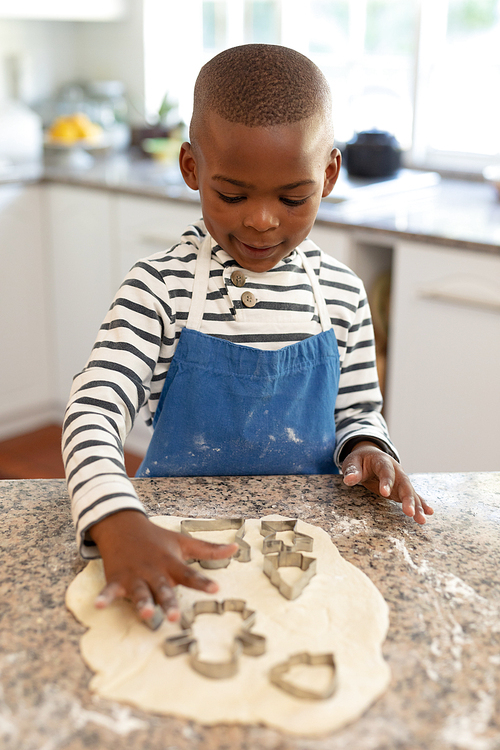 Front view of a young mixed race boy in a kitchen at Christmas, making cookies and cutting out shapes