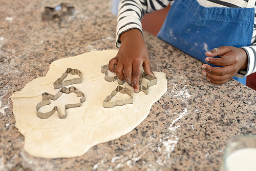 Front view mid section of a young mixed race boy in a kitchen at Christmas, making cookies and cutting out shapes