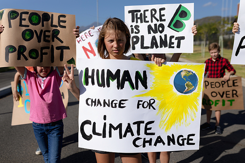 Front view of a diverse group of elementary school pupils on a protest march, carrying signs with environmental and conservation slogans on them, walking down a road in the sun