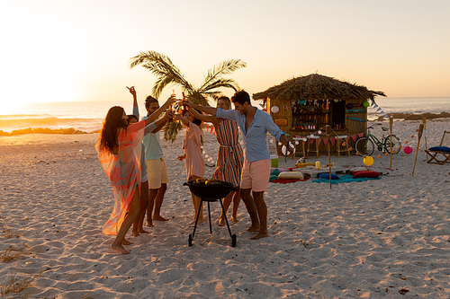 A multi-ethnic group of friends enjoying their time together on a beach during sunset, drinking beer and drinks, making a barbecue, making a toast