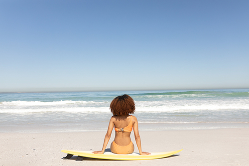 A rear view of an attractive mixed race woman enjoying free time on beach on a sunny day, having fun, sitting on her surfboard, sun shining on her face.