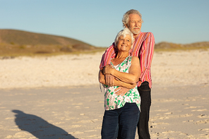 Front view of a senior Caucasian couple at the beach in the sun, embracing and smiling, with blue sky in the background