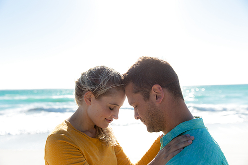Front view close up of a Caucasian couple standing on the beach with blue sky and sea in the background, embracing and touching heads with their eyes closed