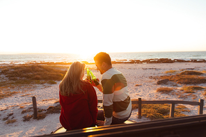 Rear view of a Caucasian couple with sunset on the beach in the background, making a toast. Weekend beach vacation, lifestyle and leisure.