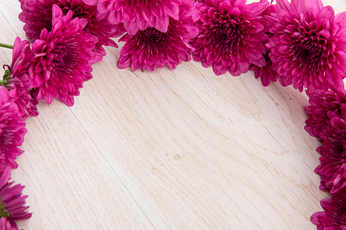 Pink flowers in a circle on wooden background. flower spring summer nature freshness copy space.