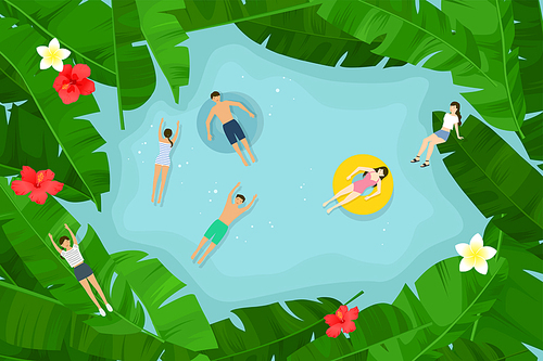 [일러스트] 열대 나뭇잎 사이로 수영하는 사람들
