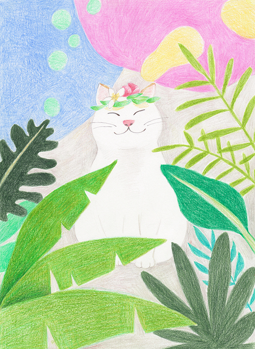 고양이의 휴가 색연필 일러스트 - 열대식물과 웃는 고양이