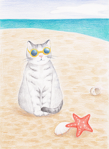 고양이의 휴가 색연필 일러스트 - 선글라스 쓴 고양이