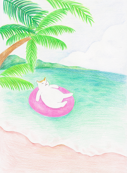 고양이의 휴가 색연필 일러스트 - 물놀이
