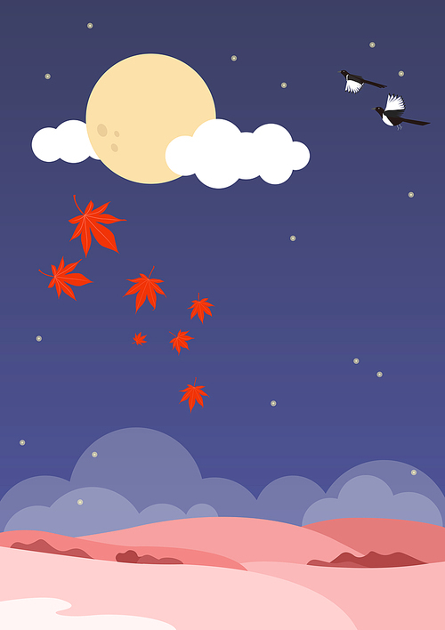 추석 풍경 일러스트 - 보름달과 단풍잎