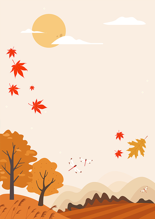 추석 풍경 일러스트 - 가을 들판과 고추잠자리