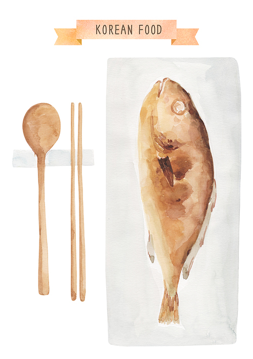 한국 음식 수채화 - 생선구이