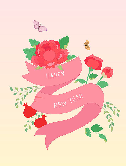 새해 인사 카드 디자인 - 리본과 모란꽃