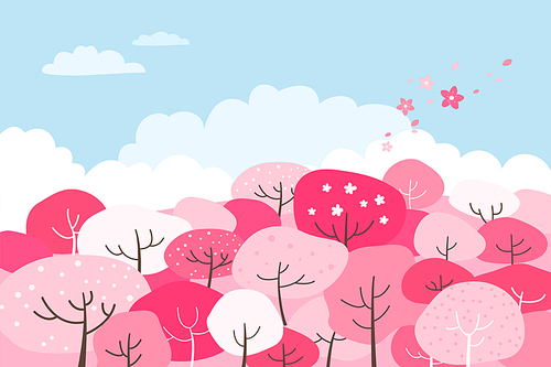 봄 풍경 일러스트 - 분홍색 꽃 나무 숲
