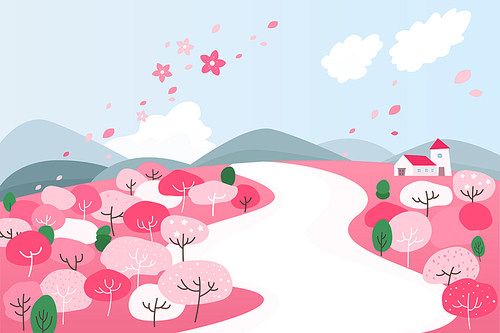 봄 풍경 일러스트 - 분홍 꽃나무