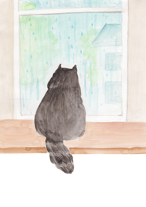 수채화 - 창밖을 보는 고양이