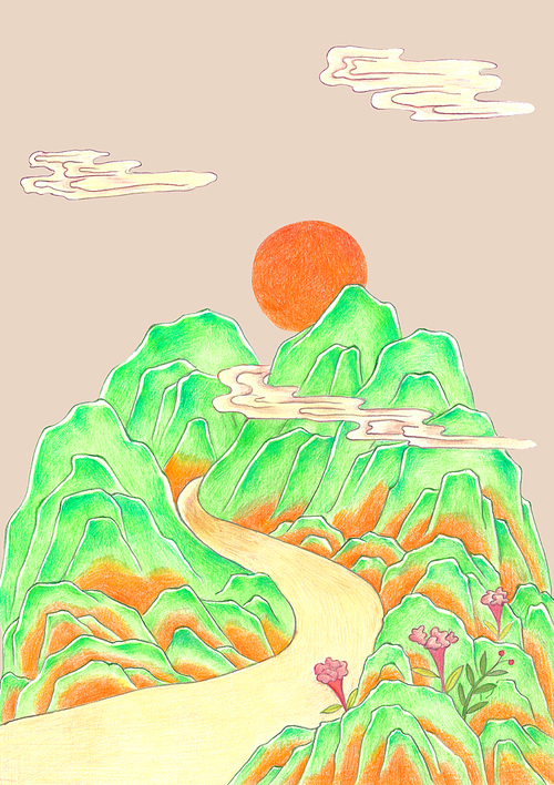 한국 전통 색연필 그림 - 산