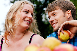 Couple (man and woman) eating freshly harvested apples - in front of them a basket with lots of fresh fruit