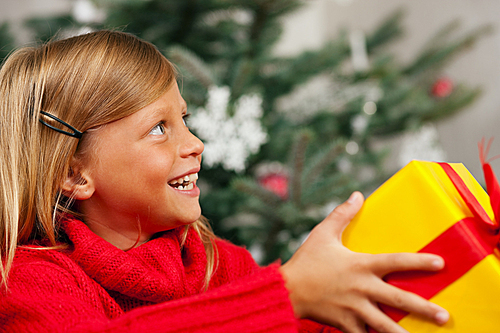 Young girl in front of the Christmas tree showing the world the present she received